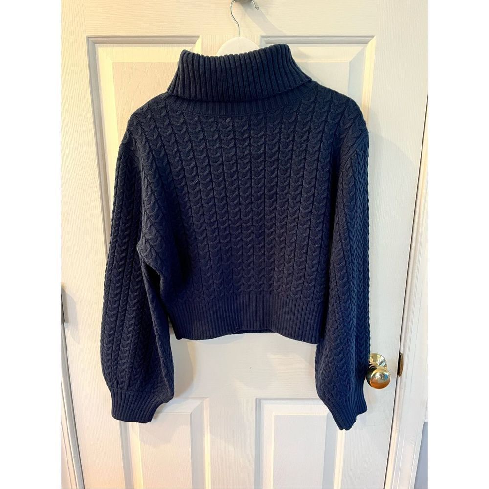 WeWoreWhat Navy Cable Knit Puff Sleeve Wide Turtle Neck Sweater sz S NWOT - Picture 6 of 7